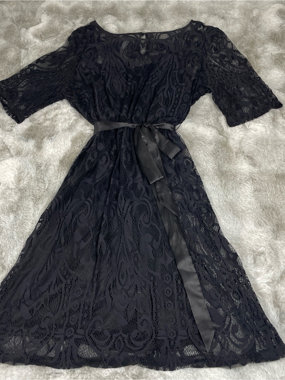 Black Lace Wrap Dress with Satin Tie-0214